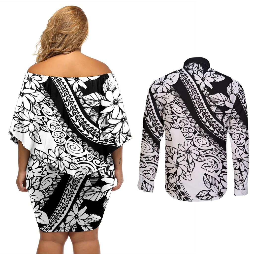 polynesia-couples-matching-off-shoulder-short-dress-and-long-sleeve-button-shirts-polynesian-tropical-flowers-black-pastel-vibes