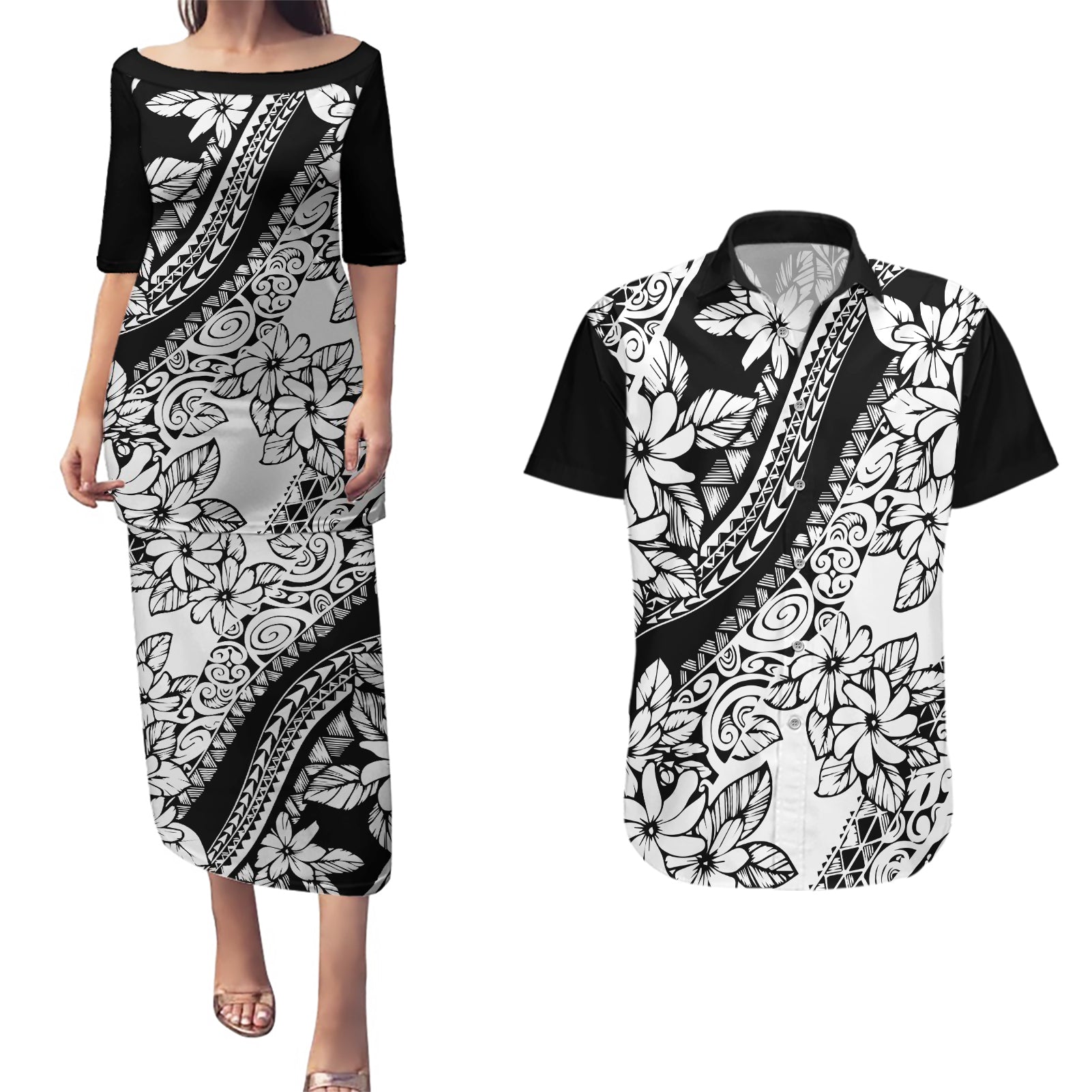 polynesia-couples-matching-puletasi-dress-and-hawaiian-shirt-polynesian-tropical-flowers-black-pastel-vibes