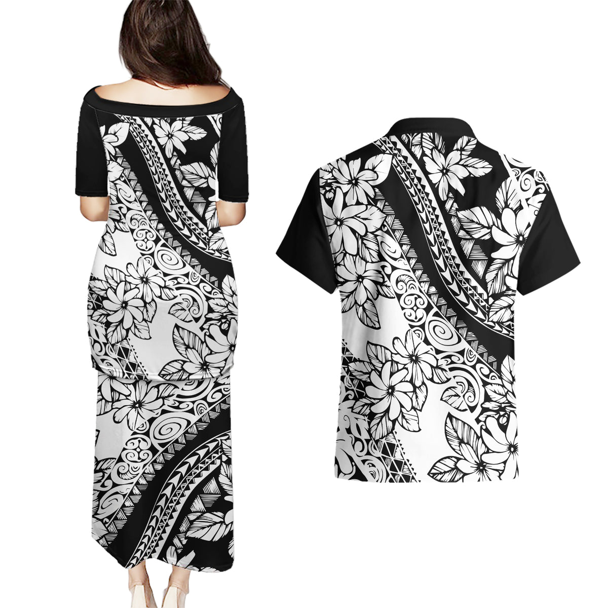 polynesia-couples-matching-puletasi-dress-and-hawaiian-shirt-polynesian-tropical-flowers-black-pastel-vibes