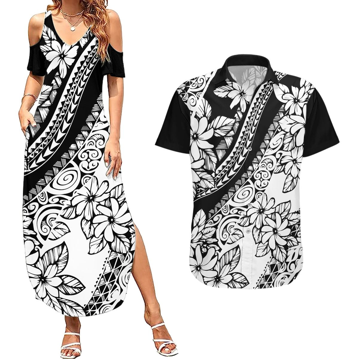 Polynesia Couples Matching Summer Maxi Dress and Hawaiian Shirt Polynesian Tropical Flowers Black Pastel Vibes LT14 Black - Polynesian Pride