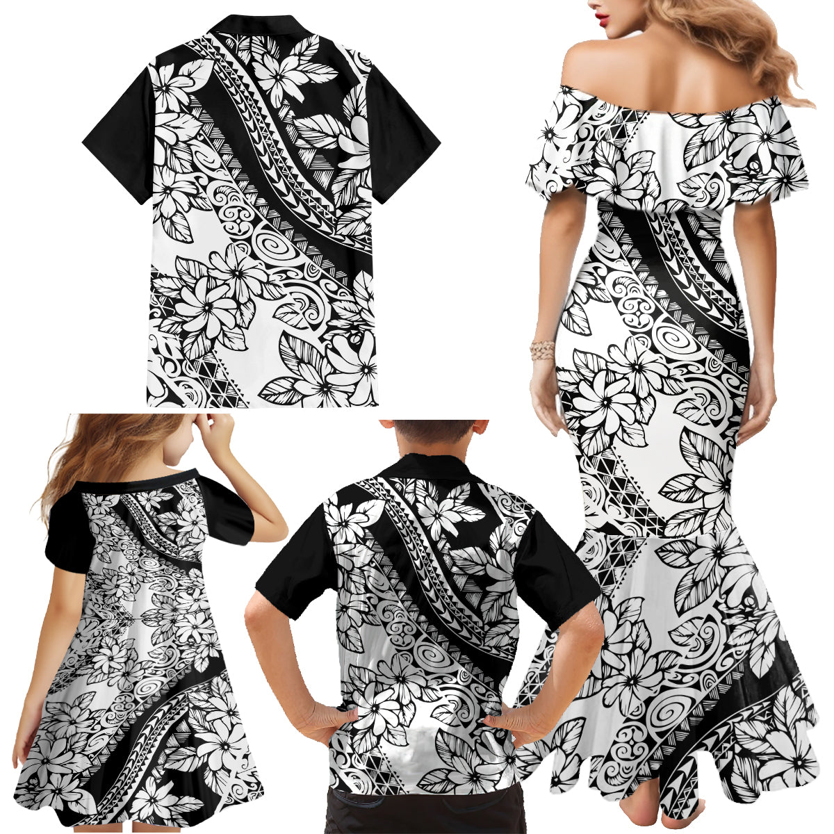polynesia-family-matching-mermaid-dress-and-hawaiian-shirt-polynesian-tropical-flowers-black-pastel-vibes