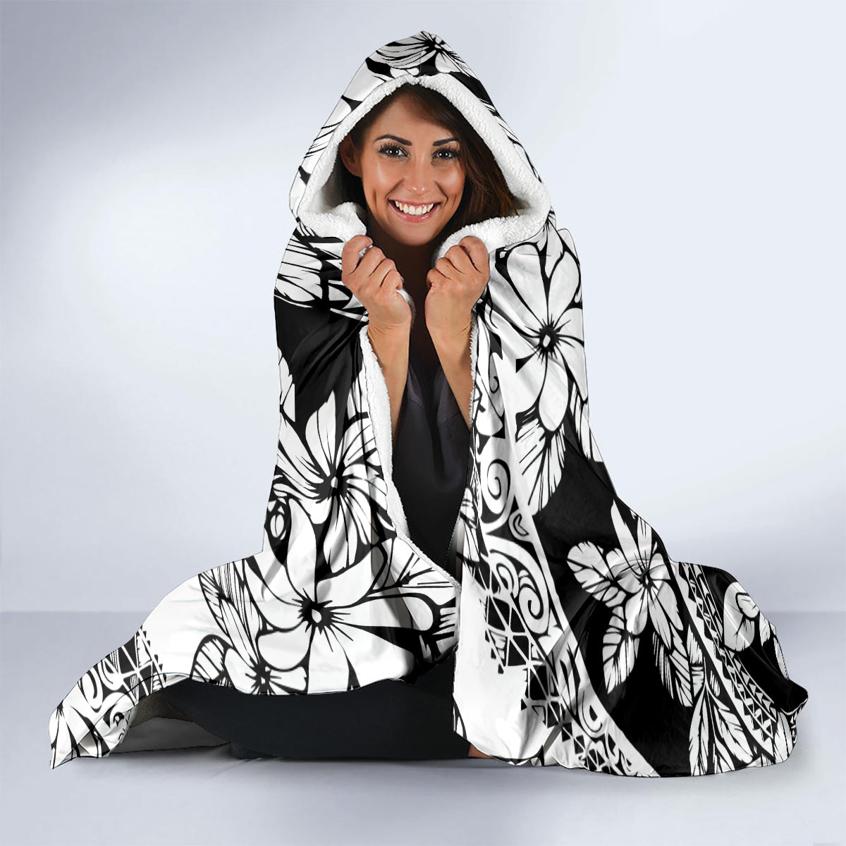 Polynesia Hooded Blanket Polynesian Tropical Flowers Black Pastel Vibes LT14 - Polynesian Pride