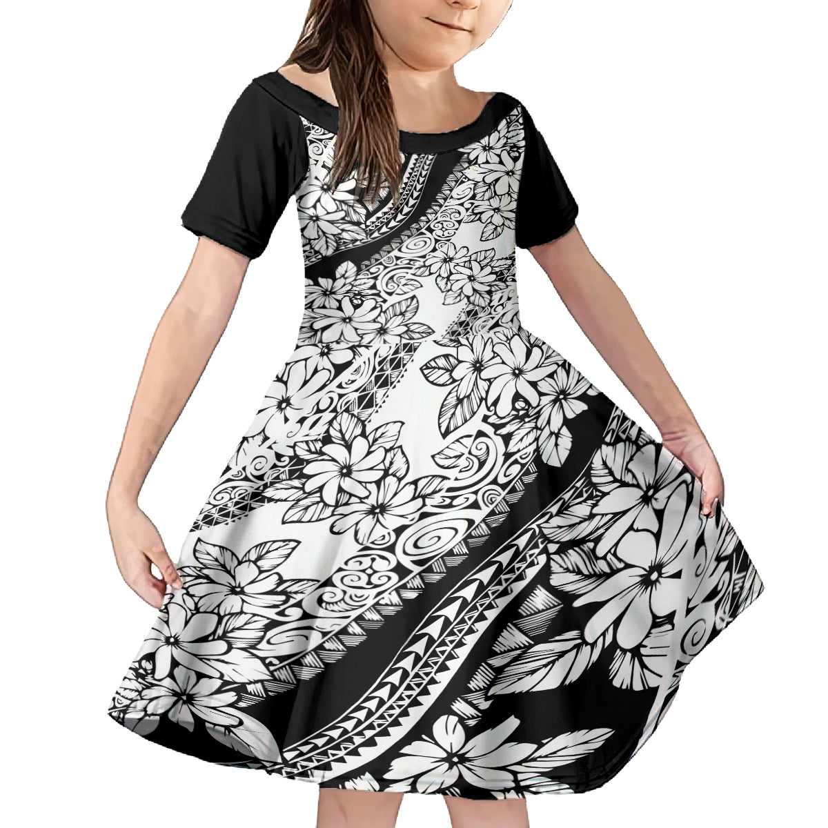 Polynesia Kid Short Sleeve Dress Polynesian Tropical Flowers Black Pastel Vibes LT14 KID Black - Polynesian Pride
