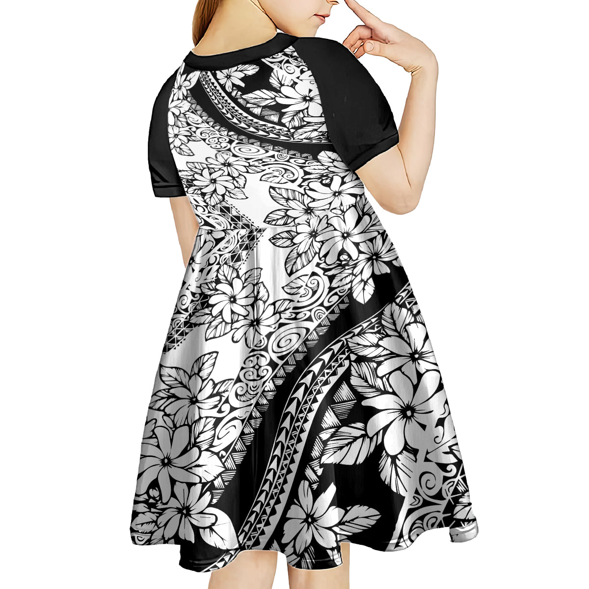 polynesia-kid-short-sleeve-dress-polynesian-tropical-flowers-black-pastel-vibes