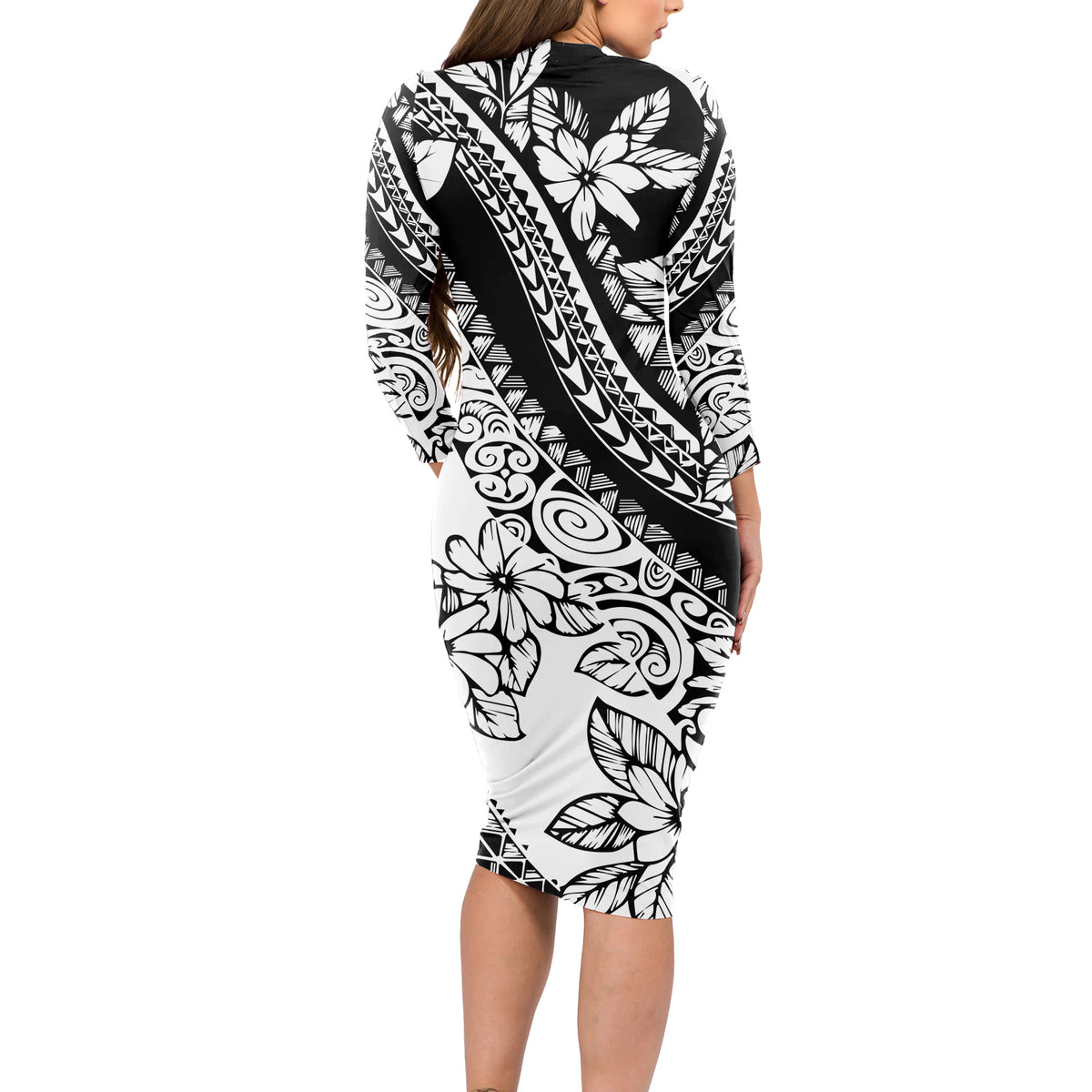 polynesia-long-sleeve-bodycon-dress-polynesian-tropical-flowers-black-pastel-vibes