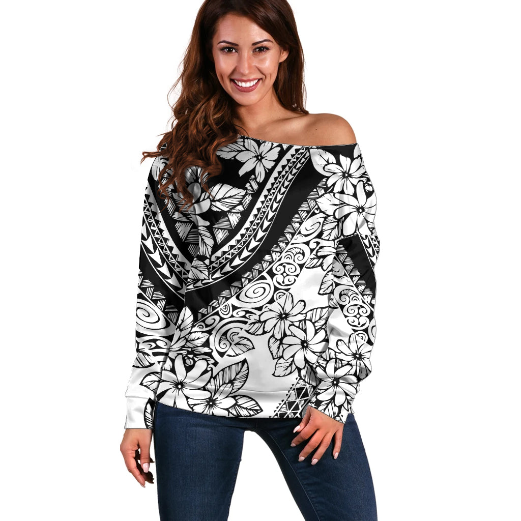 Polynesia Off Shoulder Sweater Polynesian Tropical Flowers Black Pastel Vibes LT14 Women Black - Polynesian Pride