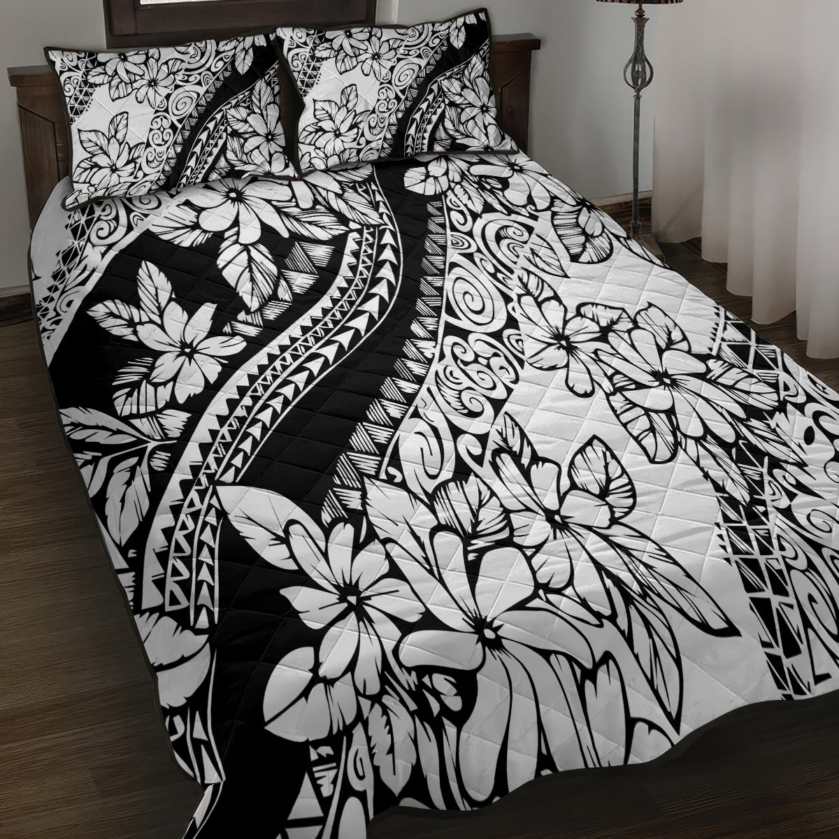 Polynesia Quilt Bed Set Polynesian Tropical Flowers Black Pastel Vibes LT14 - Polynesian Pride