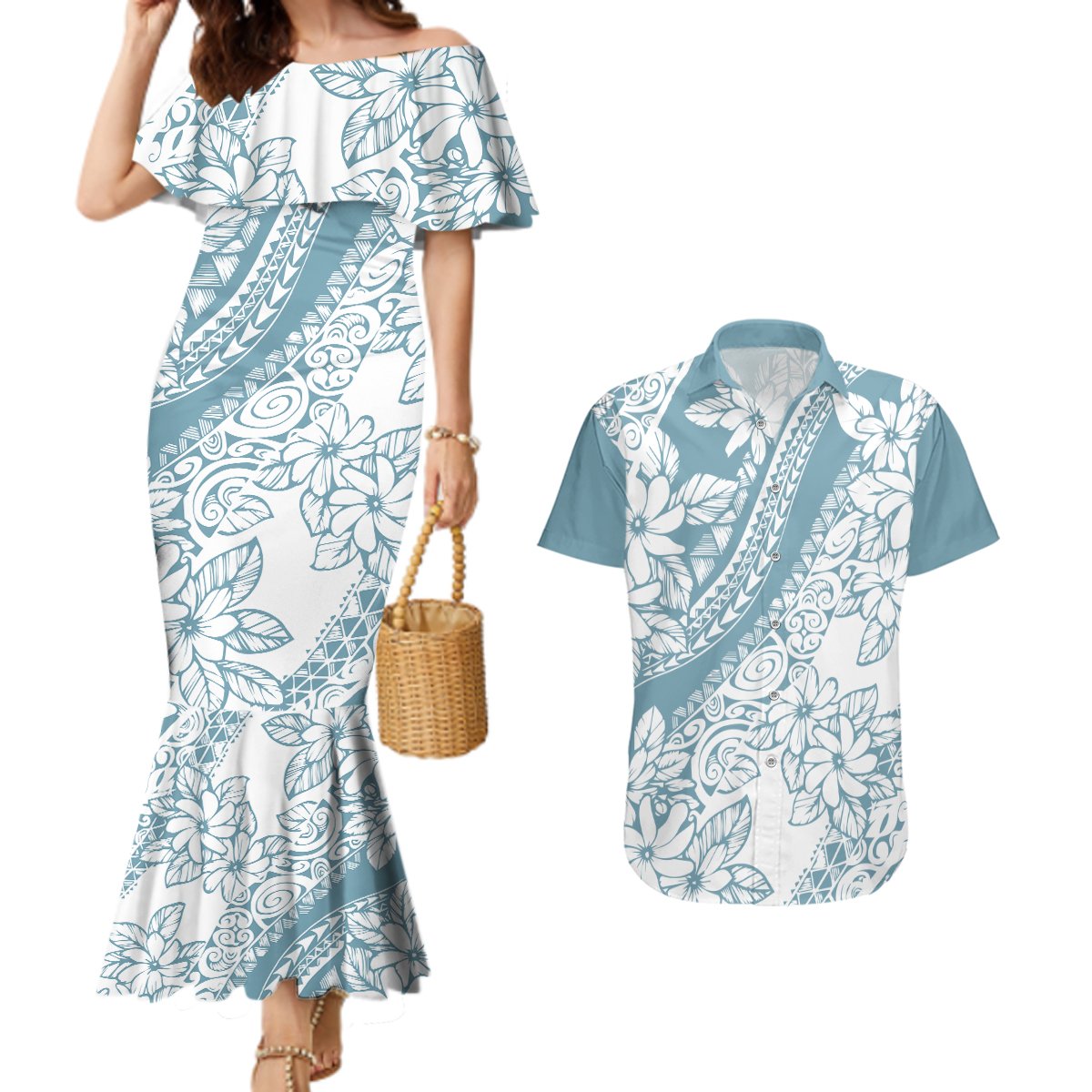 Polynesia Couples Matching Mermaid Dress and Hawaiian Shirt Polynesian Tropical Flowers Blue Pastel Vibes LT14 Blue - Polynesian Pride