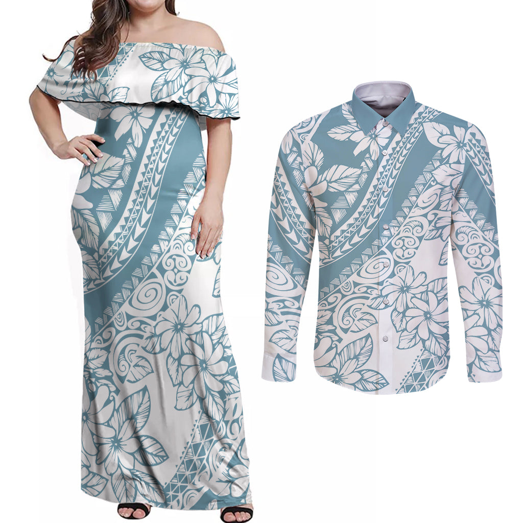 Polynesia Couples Matching Off Shoulder Maxi Dress and Long Sleeve Button Shirts Polynesian Tropical Flowers Blue Pastel Vibes LT14 Blue - Polynesian Pride