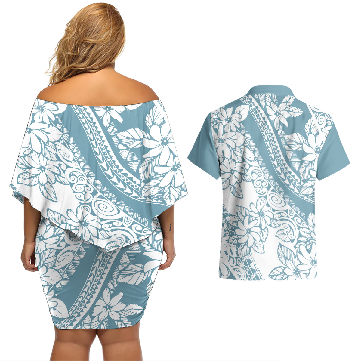 polynesia-couples-matching-off-shoulder-short-dress-and-hawaiian-shirt-polynesian-tropical-flowers-blue-pastel-vibes