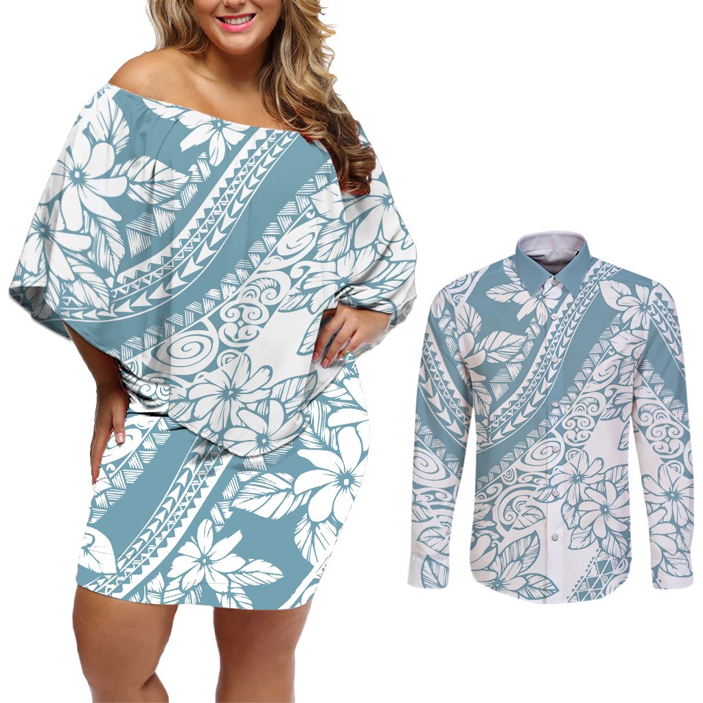 polynesia-couples-matching-off-shoulder-short-dress-and-long-sleeve-button-shirts-polynesian-tropical-flowers-blue-pastel-vibes
