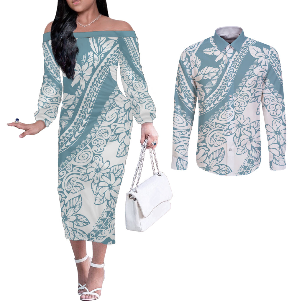 polynesia-couples-matching-off-the-shoulder-long-sleeve-dress-and-long-sleeve-button-shirts-polynesian-tropical-flowers-blue-pastel-vibes