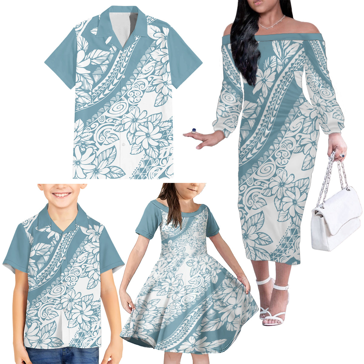 Polynesia Family Matching Off Shoulder Long Sleeve Dress and Hawaiian Shirt Polynesian Tropical Flowers Blue Pastel Vibes LT14 - Polynesian Pride