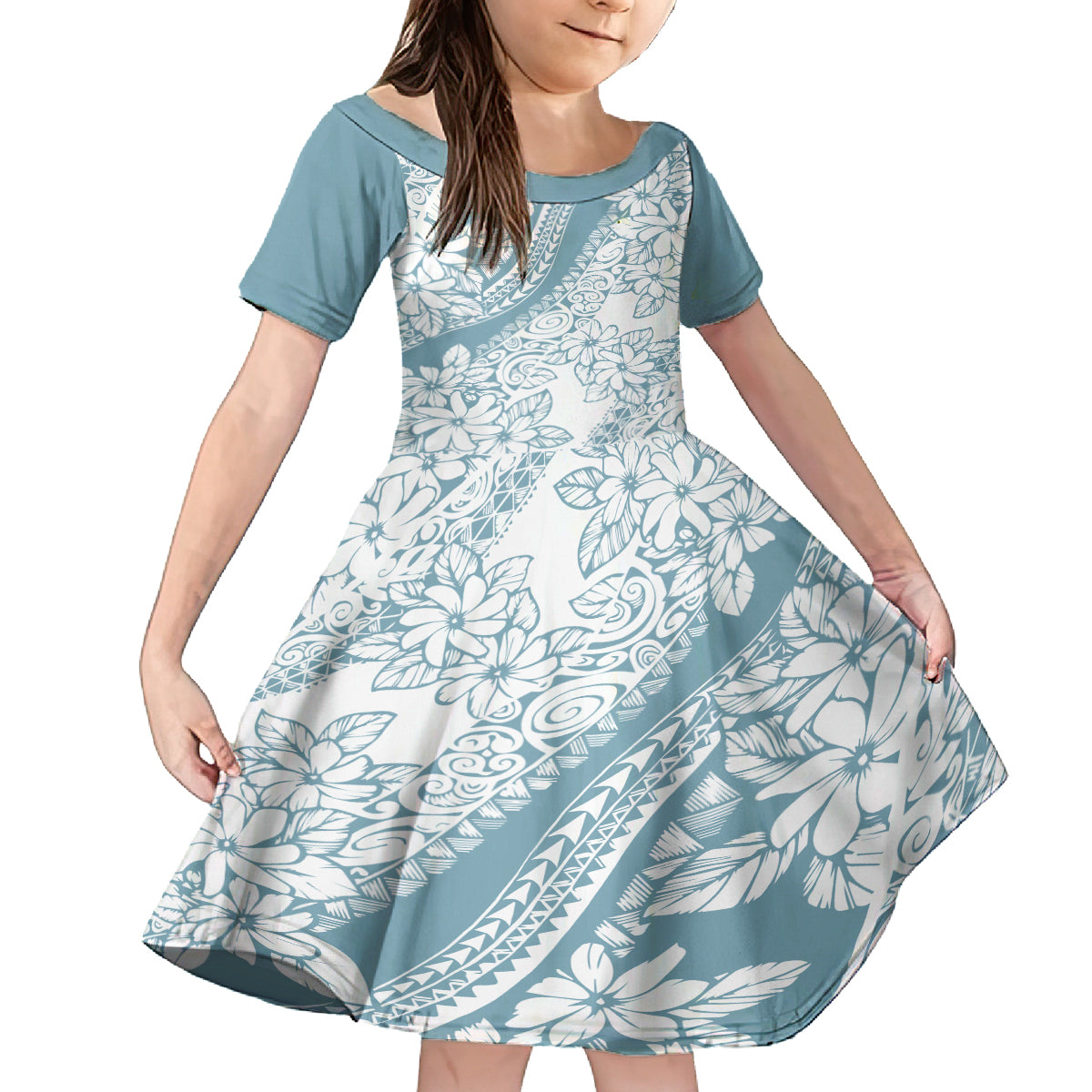 Polynesia Kid Short Sleeve Dress Polynesian Tropical Flowers Blue Pastel Vibes LT14 KID Blue - Polynesian Pride