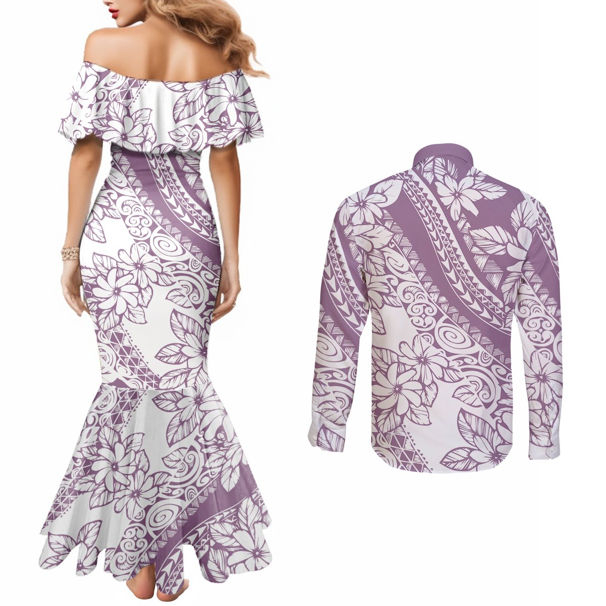 polynesia-couples-matching-mermaid-dress-and-long-sleeve-button-shirts-polynesian-tropical-flowers-purple-pastel-vibes