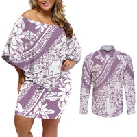 polynesia-couples-matching-off-shoulder-short-dress-and-long-sleeve-button-shirts-polynesian-tropical-flowers-purple-pastel-vibes