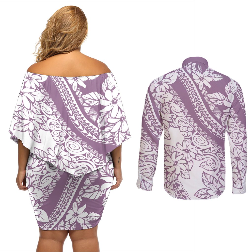 polynesia-couples-matching-off-shoulder-short-dress-and-long-sleeve-button-shirts-polynesian-tropical-flowers-purple-pastel-vibes