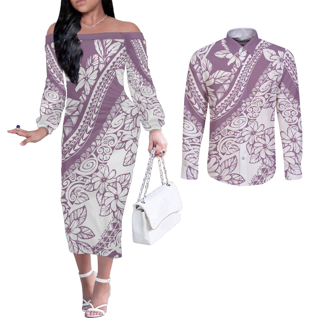 Polynesia Couples Matching Off The Shoulder Long Sleeve Dress and Long Sleeve Button Shirts Polynesian Tropical Flowers Purple Pastel Vibes LT14 Purple - Polynesian Pride