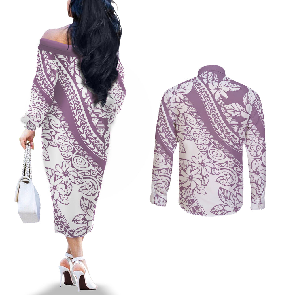Polynesia Couples Matching Off The Shoulder Long Sleeve Dress and Long Sleeve Button Shirts Polynesian Tropical Flowers Purple Pastel Vibes LT14 - Polynesian Pride