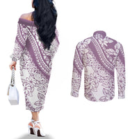 Polynesia Couples Matching Off The Shoulder Long Sleeve Dress and Long Sleeve Button Shirts Polynesian Tropical Flowers Purple Pastel Vibes LT14 - Polynesian Pride