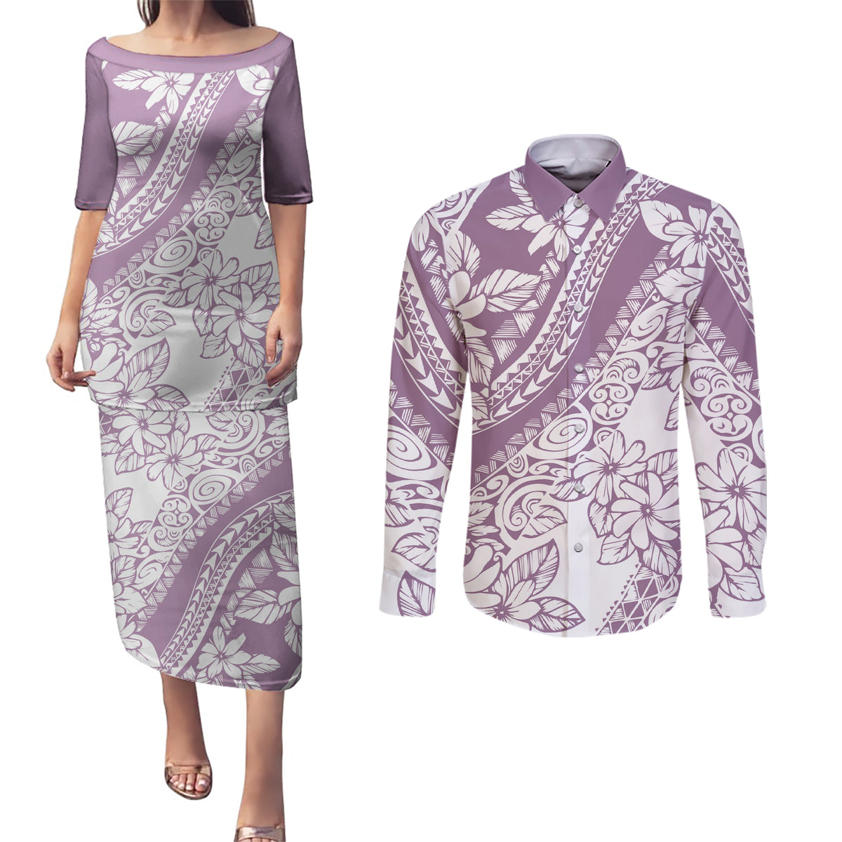 polynesia-couples-matching-puletasi-dress-and-long-sleeve-button-shirts-polynesian-tropical-flowers-purple-pastel-vibes