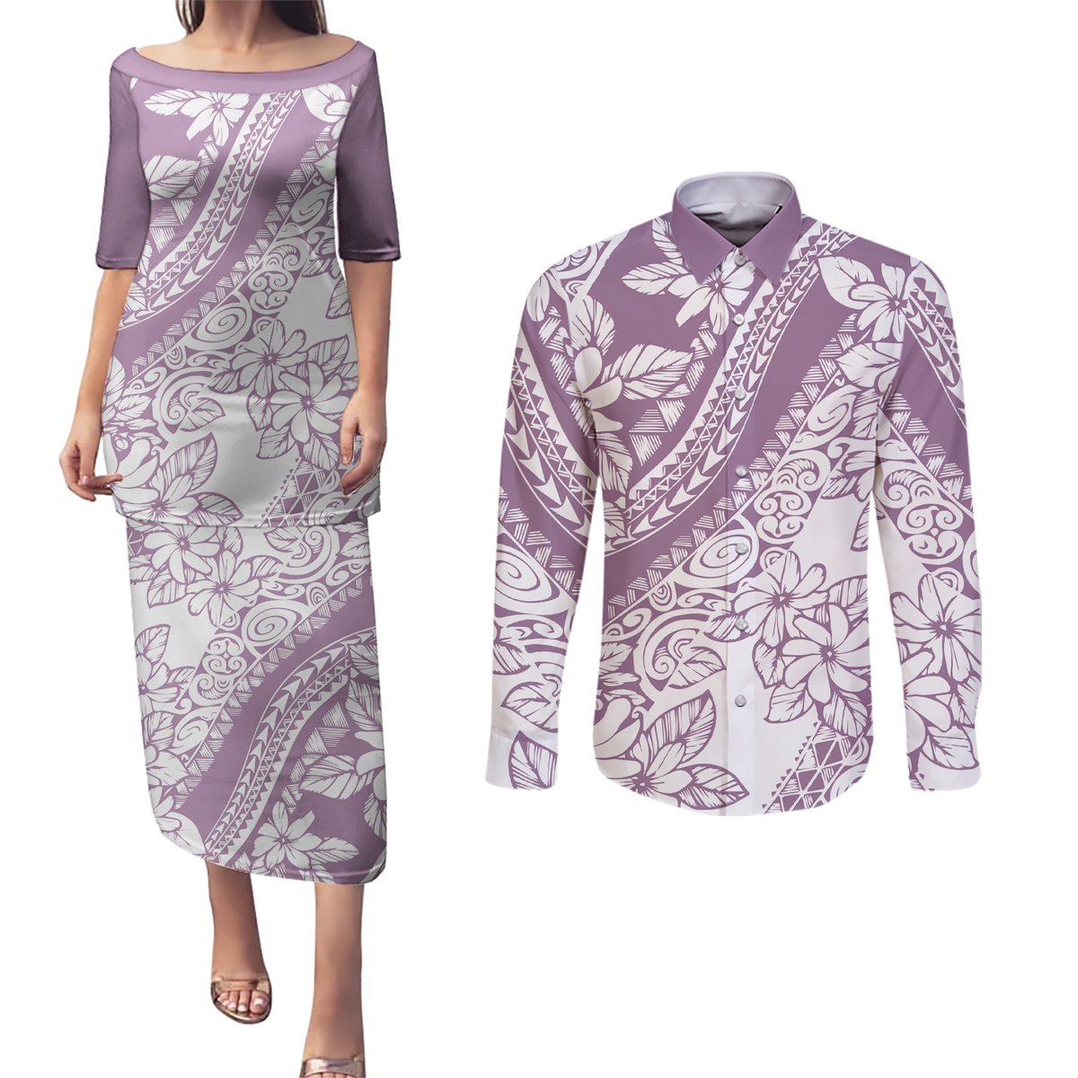 Polynesia Couples Matching Puletasi Dress and Long Sleeve Button Shirts Polynesian Tropical Flowers Purple Pastel Vibes LT14 Purple - Polynesian Pride
