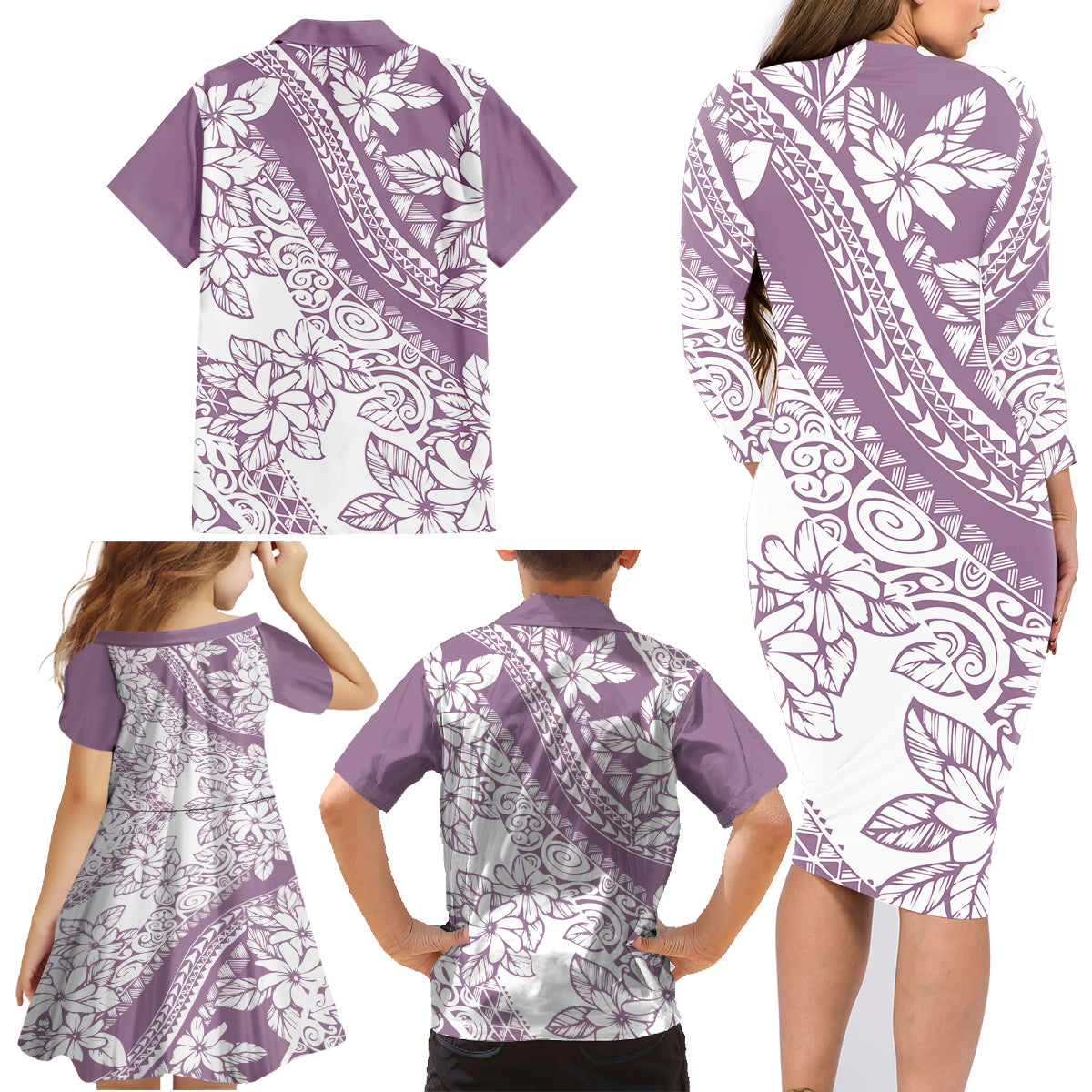 polynesia-family-matching-long-sleeve-bodycon-dress-and-hawaiian-shirt-polynesian-tropical-flowers-purple-pastel-vibes