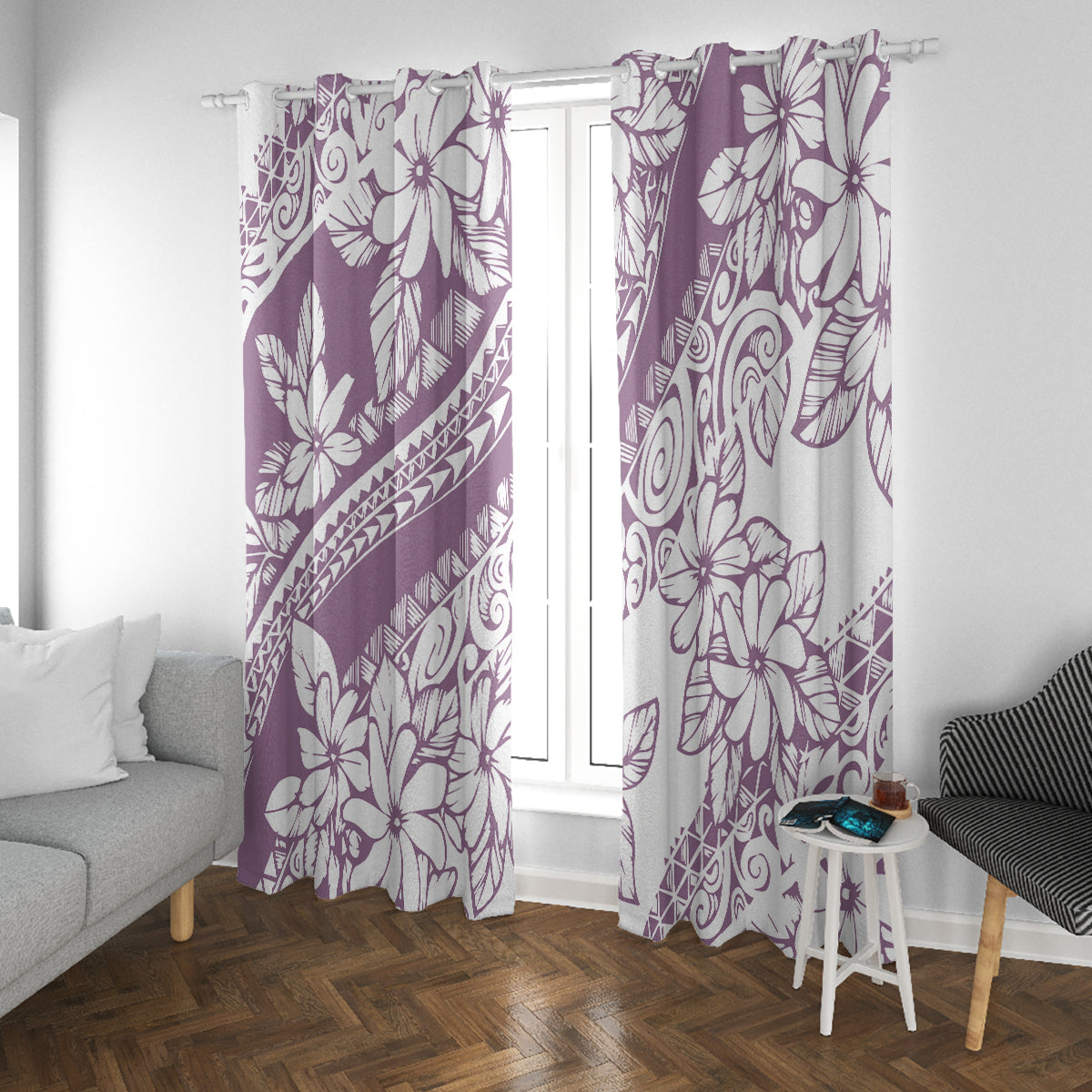 Polynesia Window Curtain Polynesian Tropical Flowers Purple Pastel Vibes LT14 With Grommets Purple - Polynesian Pride