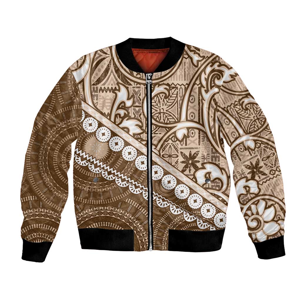 Beige Bula Fiji Bomber Jacket Fijian Language Week Tapa Cloth - Pastel LT14 Unisex Beige - Polynesian Pride
