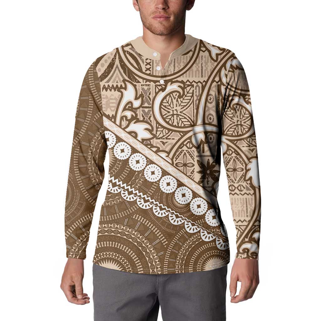 Beige Bula Fiji Button Sweatshirt Fijian Language Week Tapa Cloth - Pastel