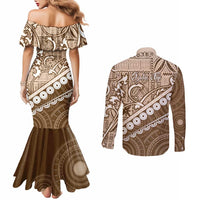 Beige Bula Fiji Couples Matching Mermaid Dress and Long Sleeve Button Shirt Fijian Language Week Tapa Cloth - Pastel