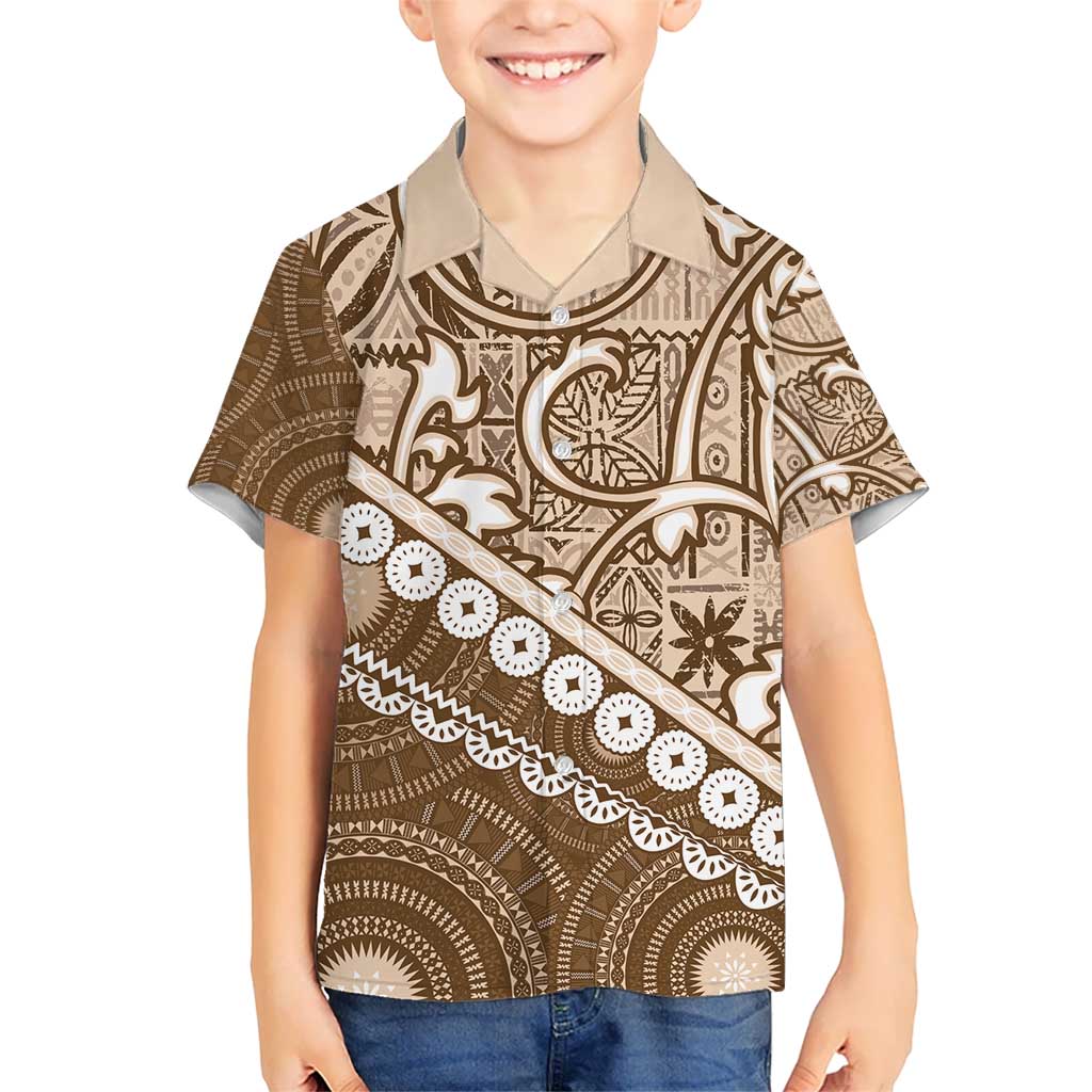 Beige Bula Fiji Kid Hawaiian Shirt Fijian Language Week Tapa Cloth - Pastel LT14 Kid Beige - Polynesian Pride
