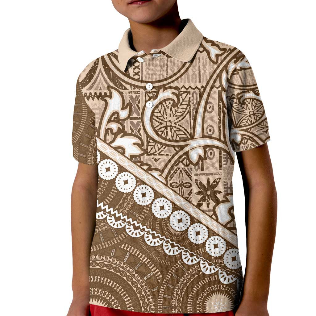 Beige Bula Fiji Kid Polo Shirt Fijian Language Week Tapa Cloth - Pastel LT14 Kid Beige - Polynesian Pride