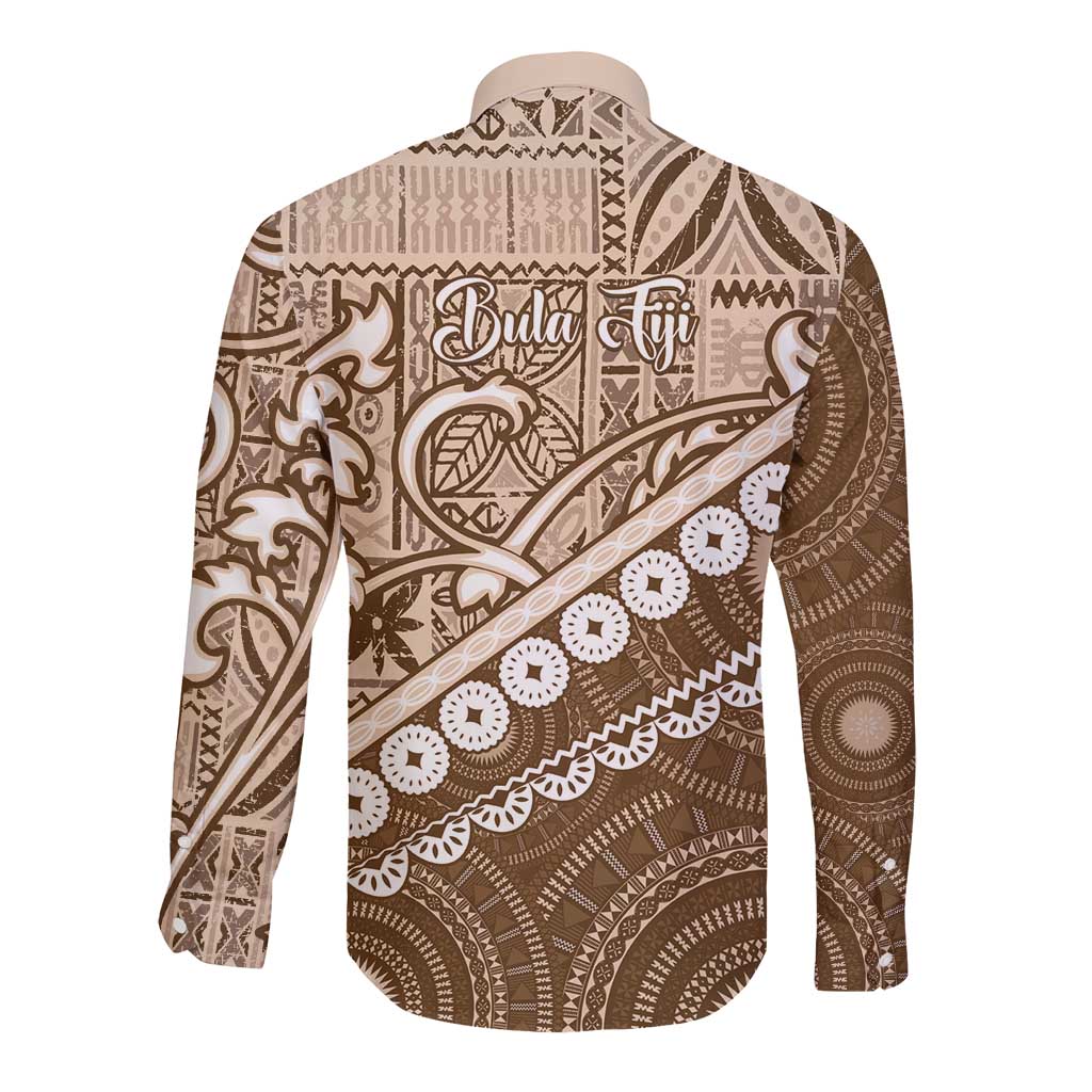 Beige Bula Fiji Long Sleeve Button Shirt Fijian Language Week Tapa Cloth - Pastel