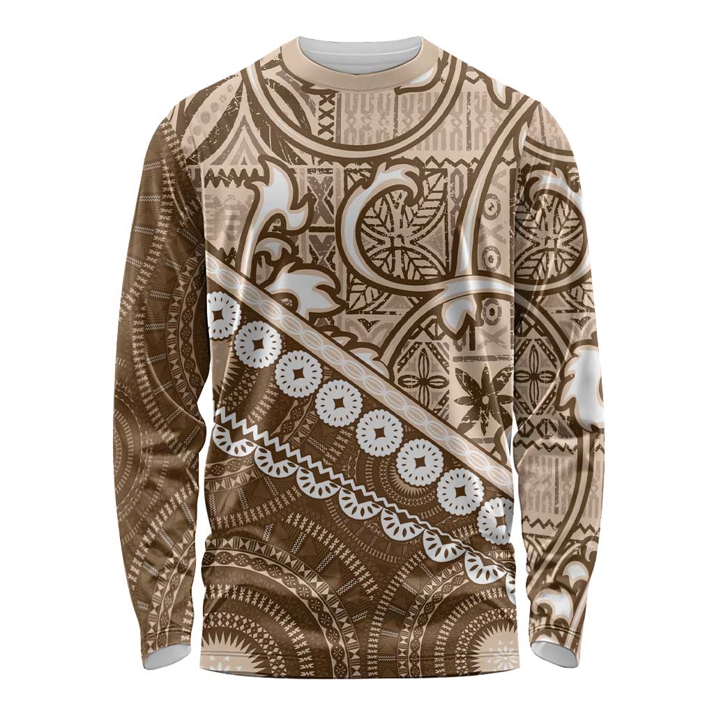 Beige Bula Fiji Long Sleeve Shirt Fijian Language Week Tapa Cloth - Pastel LT14 Unisex Beige - Polynesian Pride