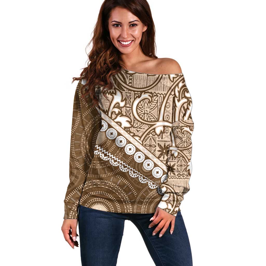 Beige Bula Fiji Off Shoulder Sweater Fijian Language Week Tapa Cloth - Pastel LT14 Women Beige - Polynesian Pride