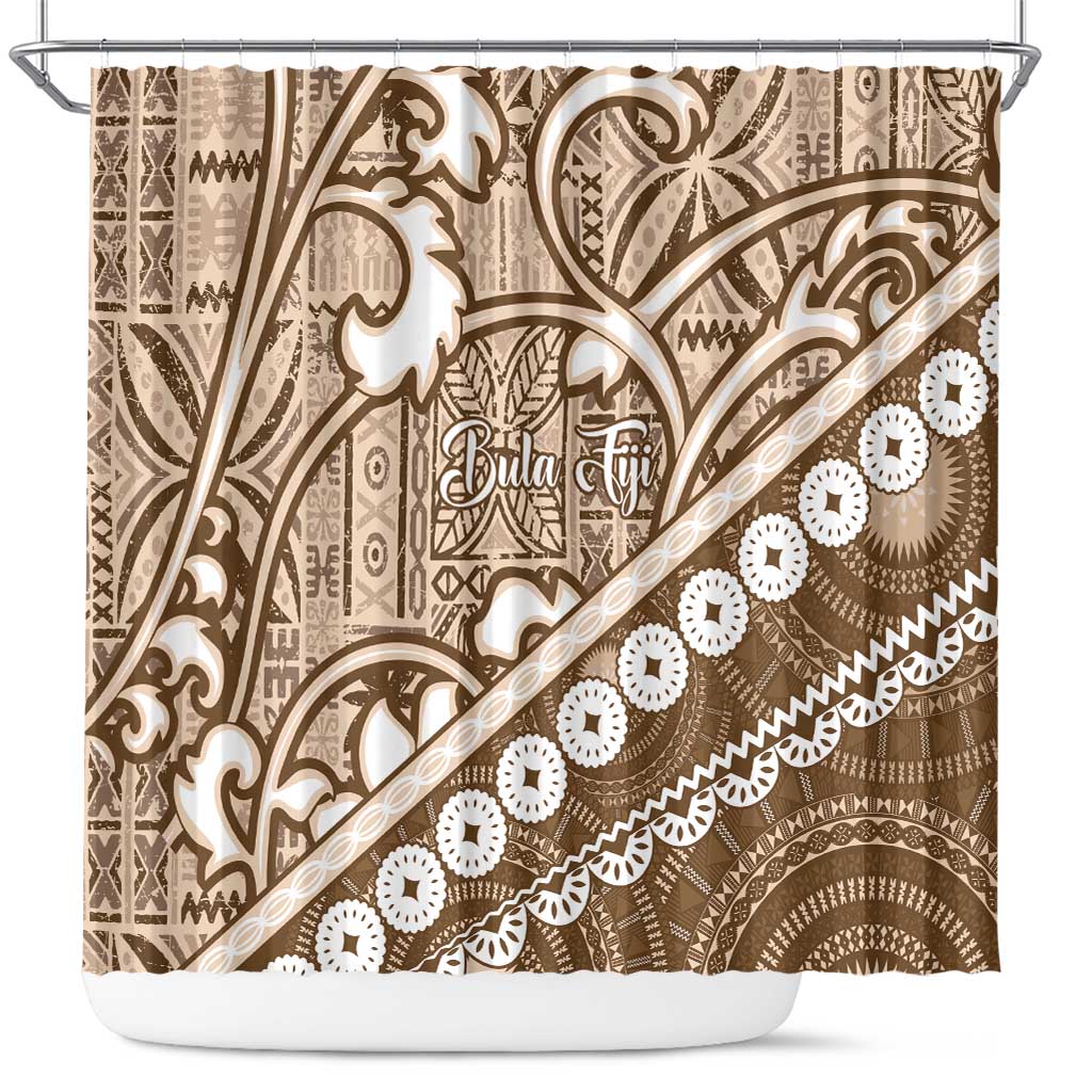 Beige Bula Fiji Shower Curtain Fijian Language Week Tapa Cloth - Pastel LT14 Beige - Polynesian Pride