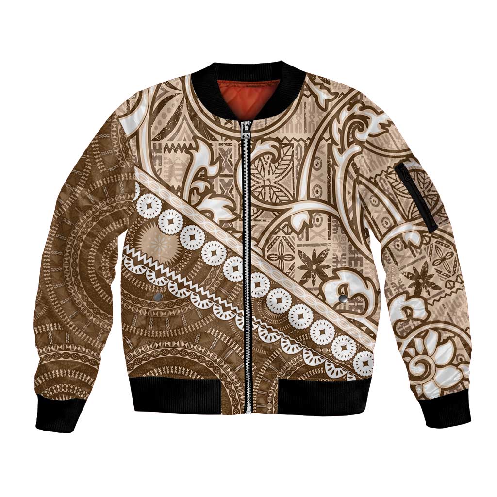 Beige Bula Fiji Sleeve Zip Bomber Jacket Fijian Language Week Tapa Cloth - Pastel LT14 Unisex Beige - Polynesian Pride