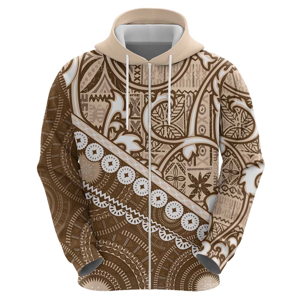 Beige Bula Fiji Zip Hoodie Fijian Language Week Tapa Cloth - Pastel