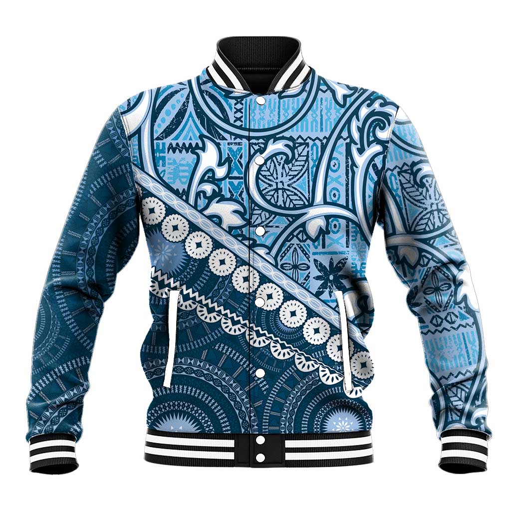 Blue Bula Fiji Baseball Jacket Fijian Language Week Tapa Cloth - Pastel LT14 Unisex Blue - Polynesian Pride