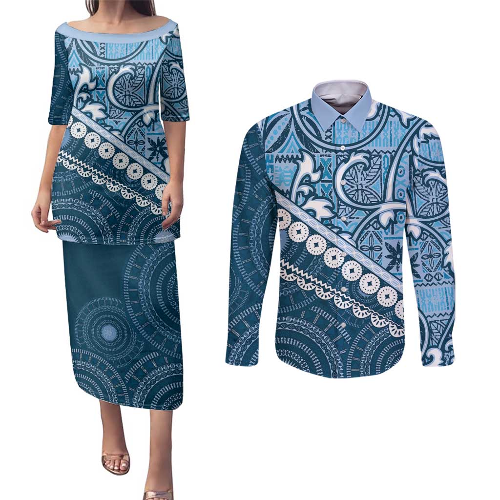 Blue Bula Fiji Couples Matching Puletasi and Long Sleeve Button Shirt Fijian Language Week Tapa Cloth - Pastel LT14 Blue - Polynesian Pride