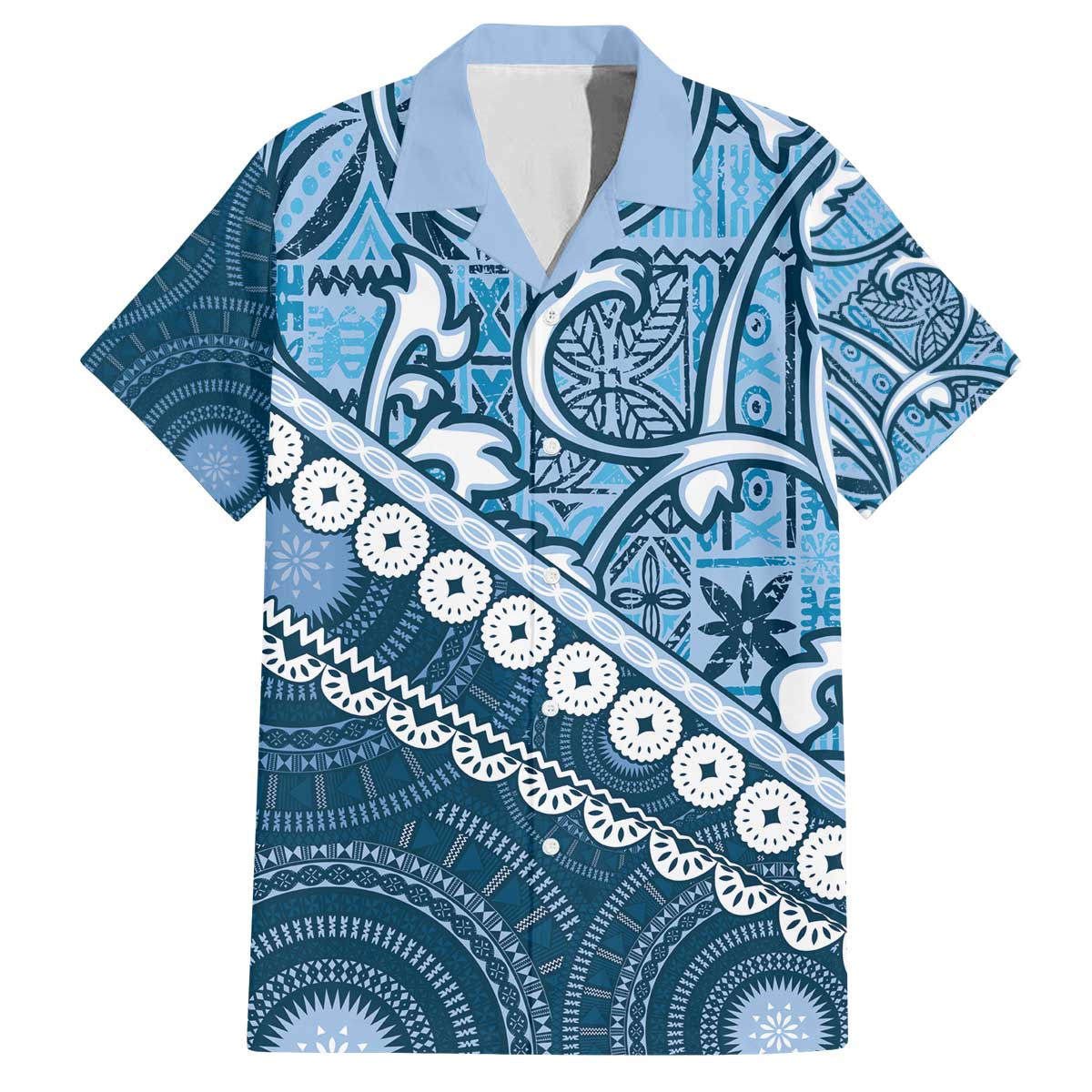 Blue Bula Fiji Family Matching Off The Shoulder Long Sleeve Dress and Hawaiian Shirt Fijian Language Week Tapa Cloth - Pastel