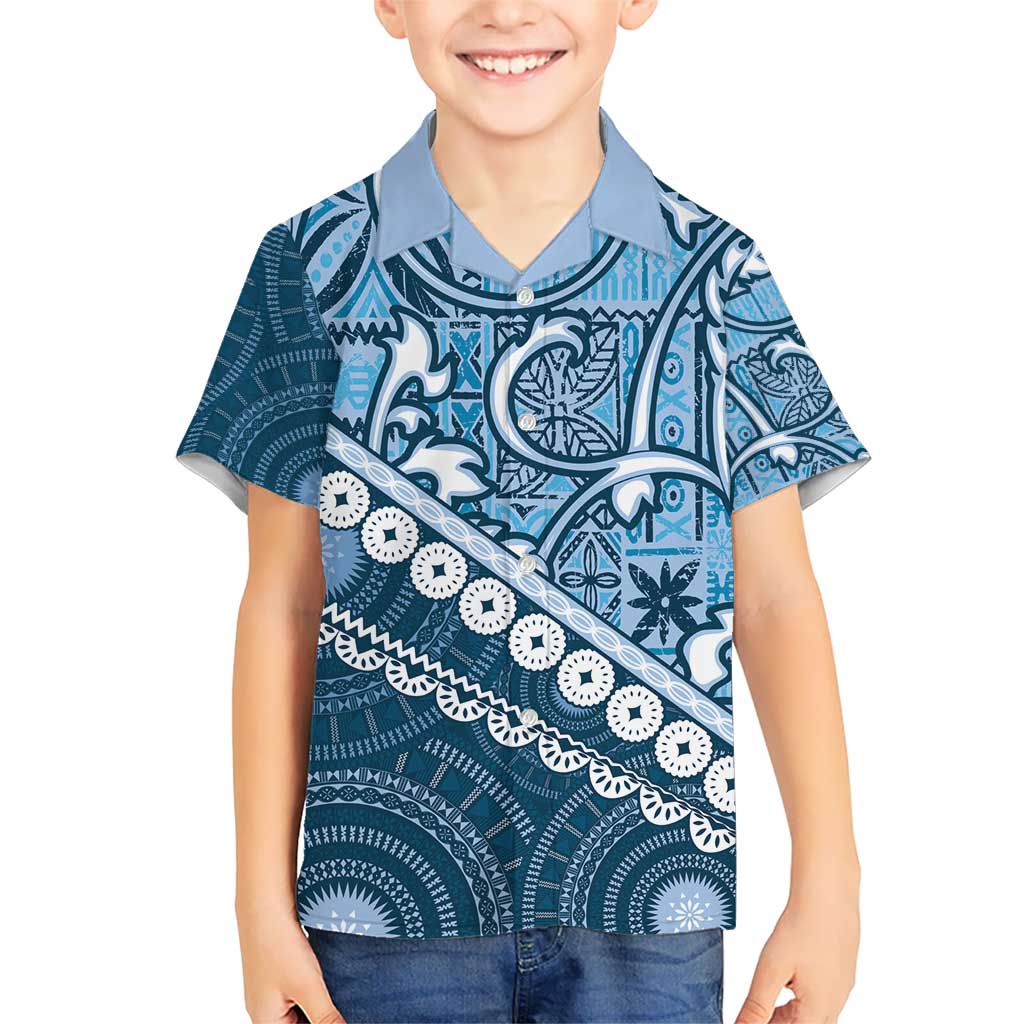 Blue Bula Fiji Kid Hawaiian Shirt Fijian Language Week Tapa Cloth - Pastel LT14 Kid Blue - Polynesian Pride