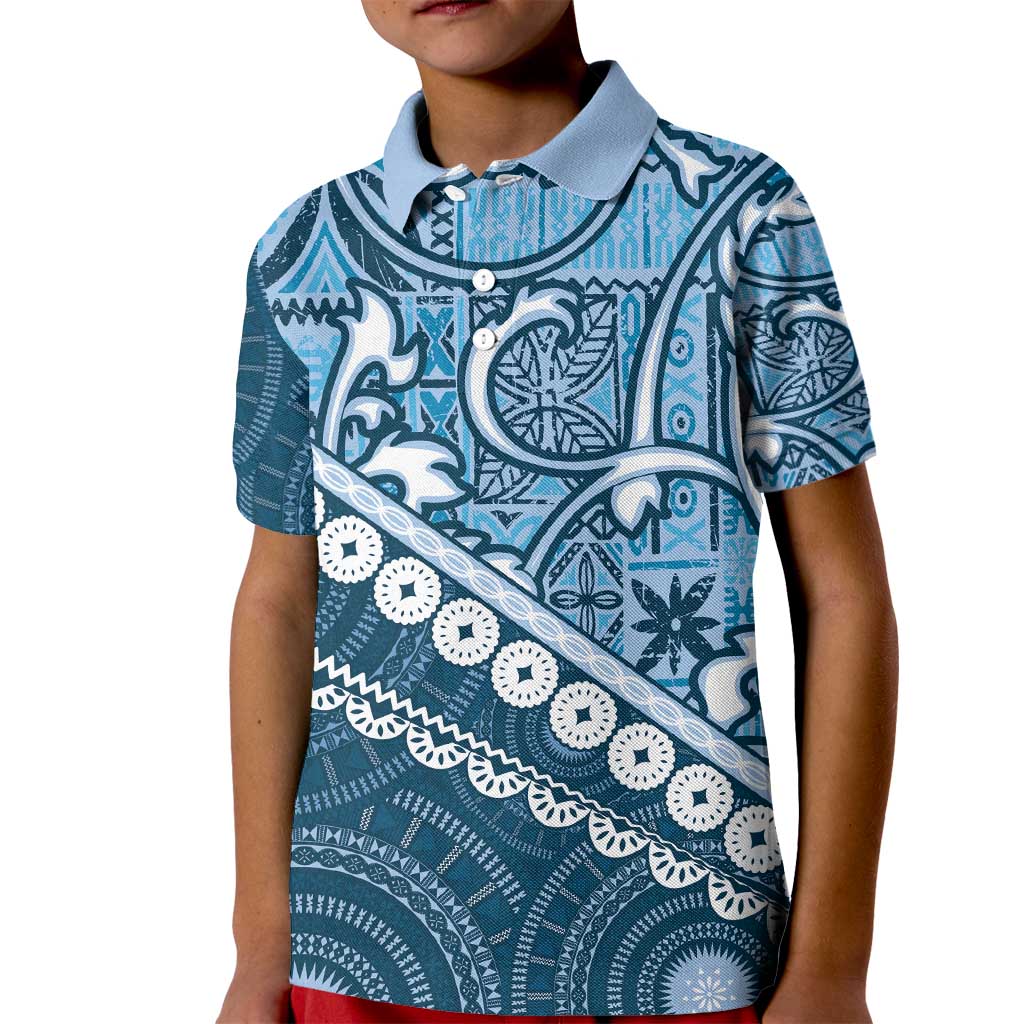 Blue Bula Fiji Kid Polo Shirt Fijian Language Week Tapa Cloth - Pastel LT14 Kid Blue - Polynesian Pride