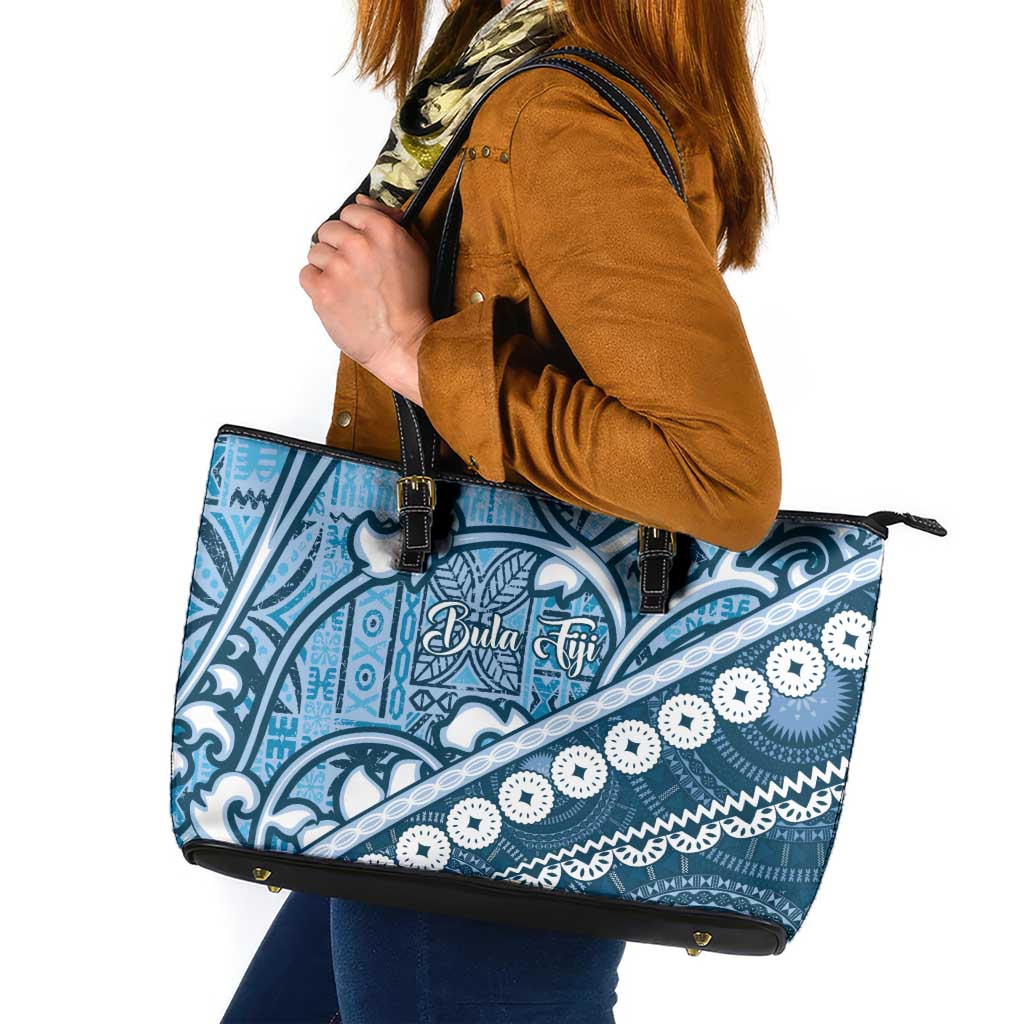 Blue Bula Fiji Leather Tote Bag Fijian Language Week Tapa Cloth - Pastel LT14 Blue - Polynesian Pride