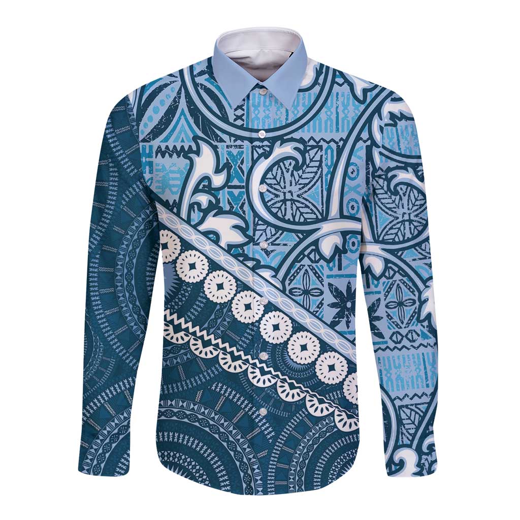 Blue Bula Fiji Long Sleeve Button Shirt Fijian Language Week Tapa Cloth - Pastel LT14 Unisex Blue - Polynesian Pride