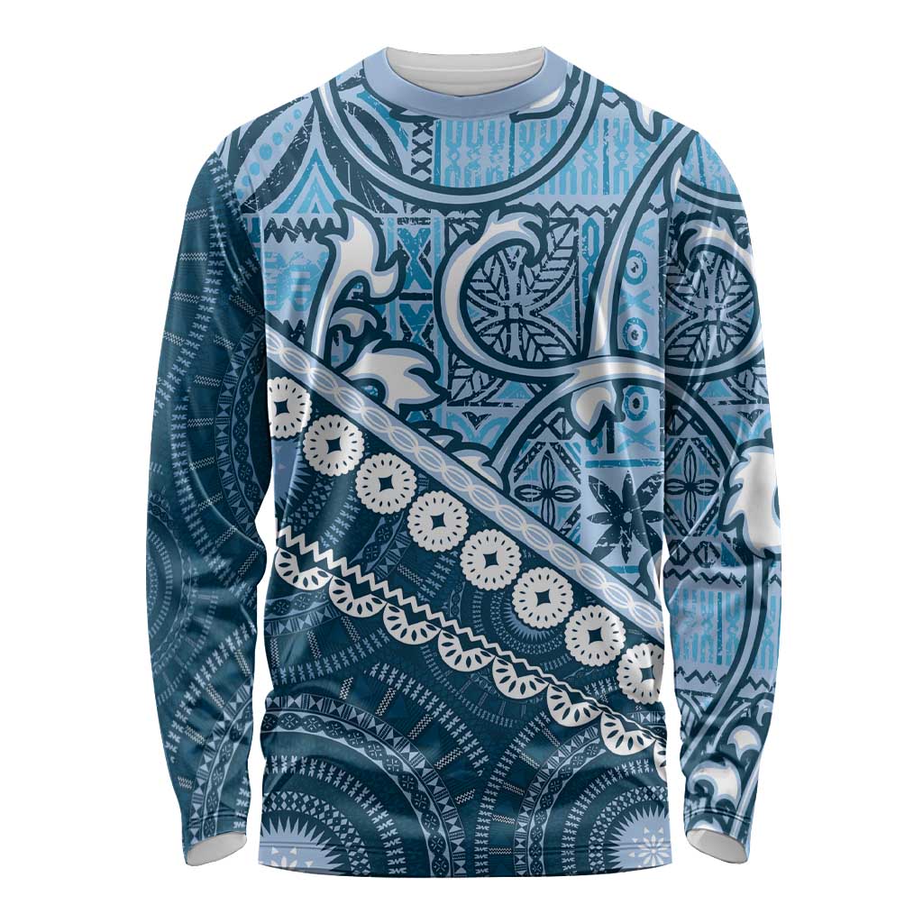 Blue Bula Fiji Long Sleeve Shirt Fijian Language Week Tapa Cloth - Pastel LT14 Unisex Blue - Polynesian Pride