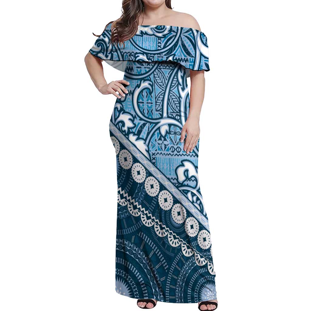 off shoulder bula dress Blue Bula Fiji Off Shoulder Maxi Dress Fijian Language Week Tapa Cloth