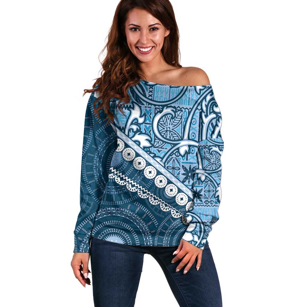 Blue Bula Fiji Off Shoulder Sweater Fijian Language Week Tapa Cloth - Pastel LT14 Women Blue - Polynesian Pride
