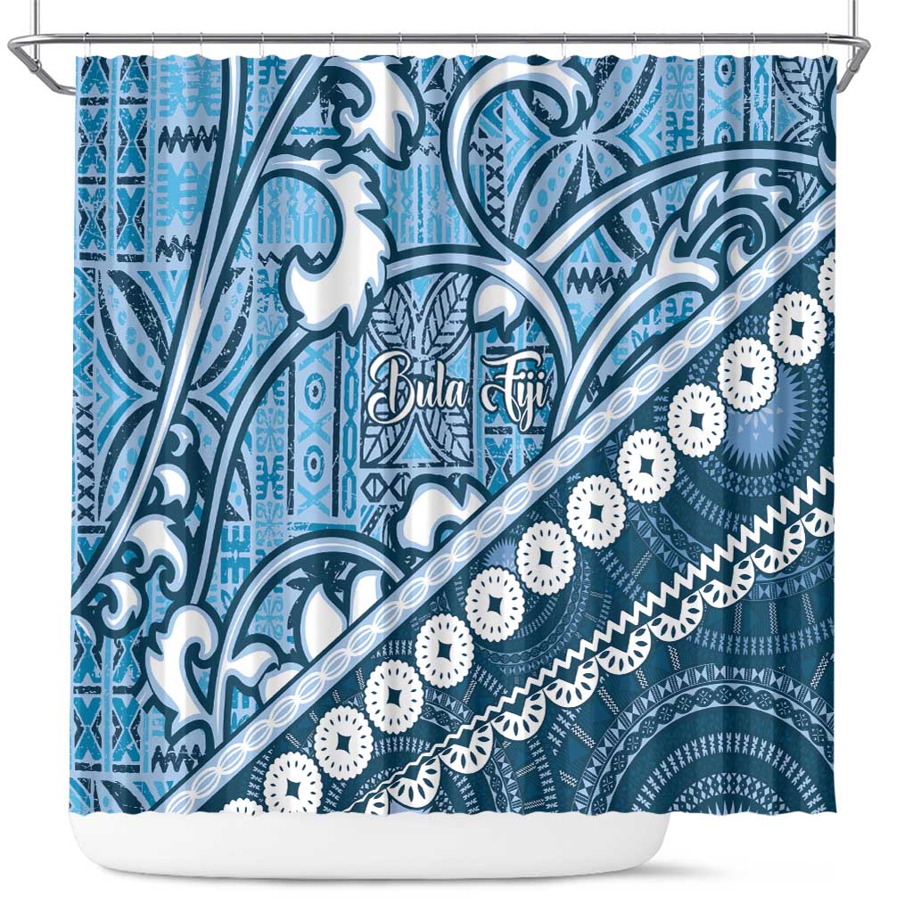 Blue Bula Fiji Shower Curtain Fijian Language Week Tapa Cloth - Pastel LT14 Blue - Polynesian Pride
